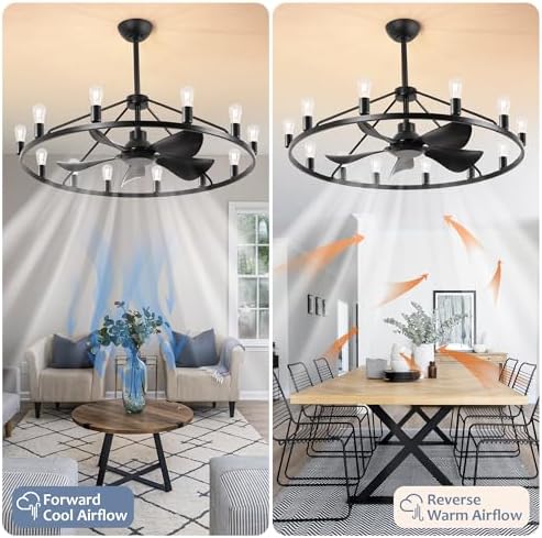 44 Inch Black Chandelier Fan with Remote and 12 Lights