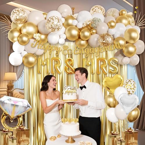 Engagement Party Decor Kit Gold White Balloons