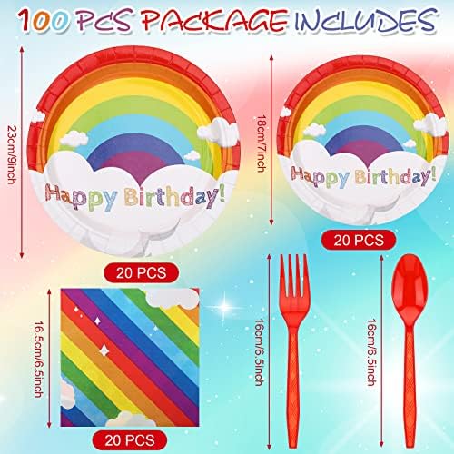 100 Pcs Rainbow Party Plates Napkins and Tableware for 20 Guests