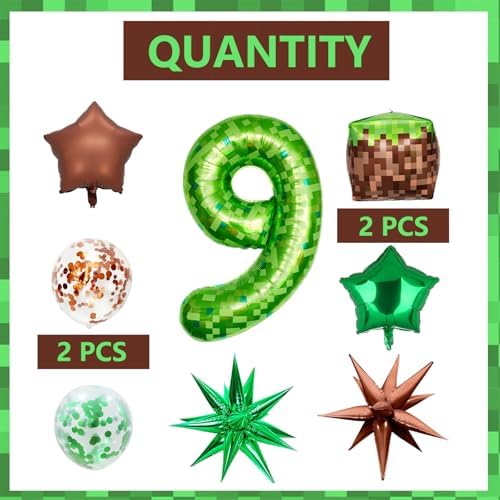 10Pcs 40 Inch Green Pixel Number 9 Balloons Party Decor