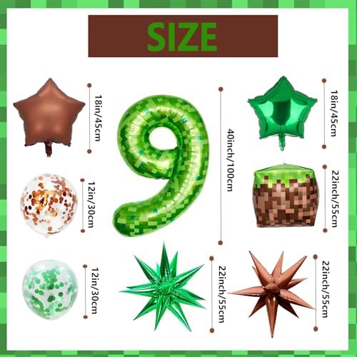 10Pcs 40 Inch Green Pixel Number 9 Balloons Party Decor