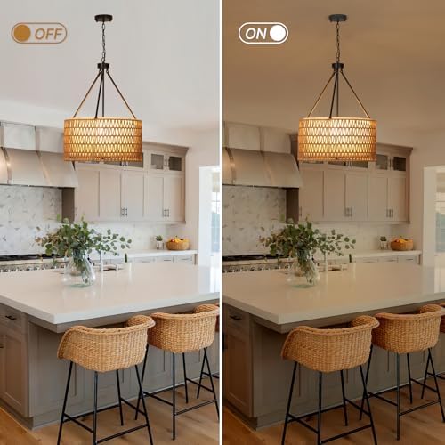 Boho Rattan Chandelier with 5 Lights and Double Shades