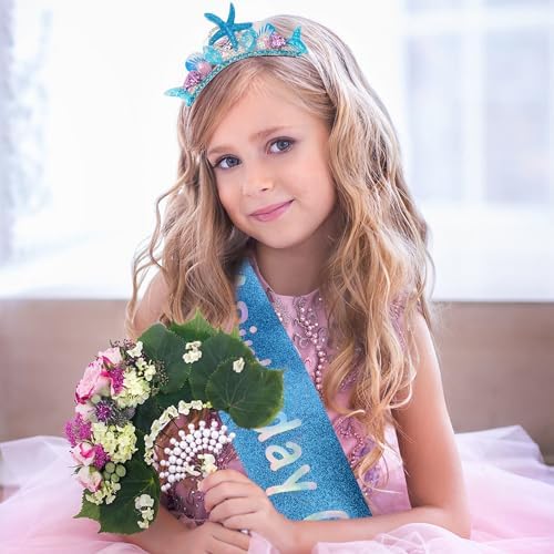 SuPoo Mermaid Tiara and Sash Birthday Headband Set