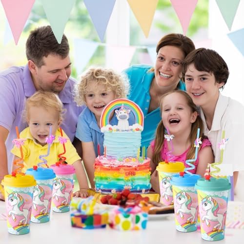 Maxcheck 24 Unicorn Cups with Straws for Birthday Party