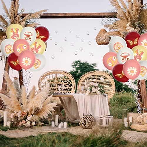 Whaline 60Pcs Groovy Retro Hippie Balloons with White Ribbon