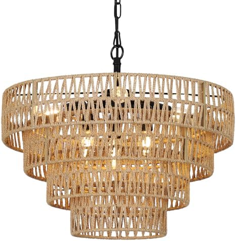 Boho Rattan Chandelier 6 Light Farmhouse Dining Room Pendant