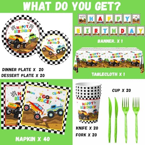 Monster Truck Party Decor Tableware Set for 20 Guests