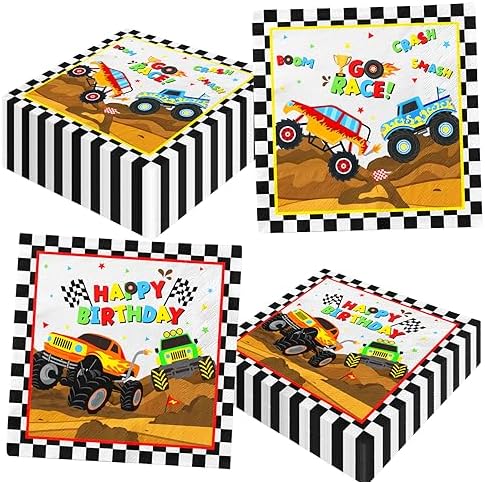 Monster Trucks 40pcs Napkins with Checkered Flag Design