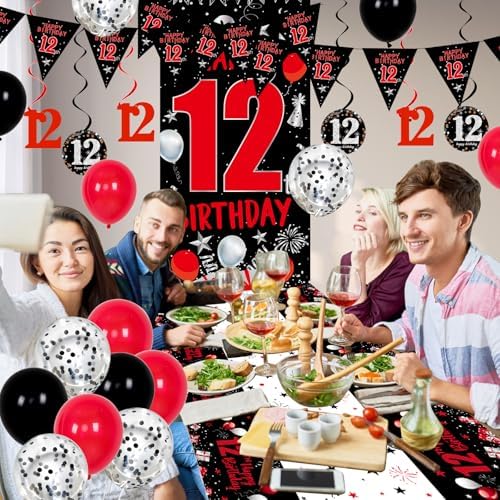 Happy 12th Birthday Decorations Red Black Set