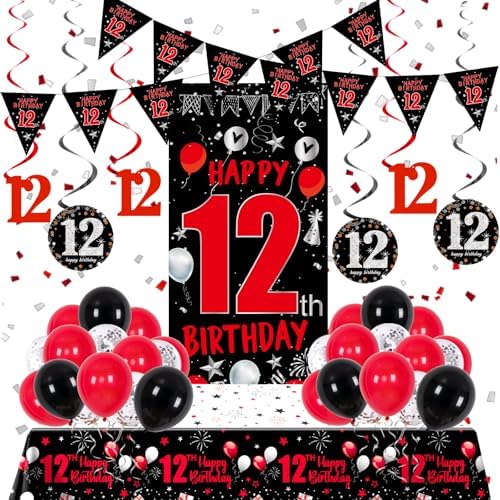 Happy 12th Birthday Decorations Red Black Set