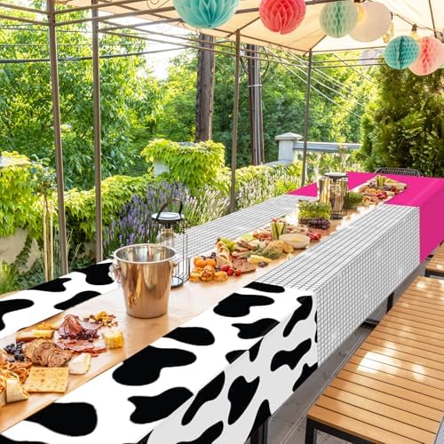 4PCS Hot Pink Disco Cowgirl Tablecloths with Cow Print and Disco Ball Patterns