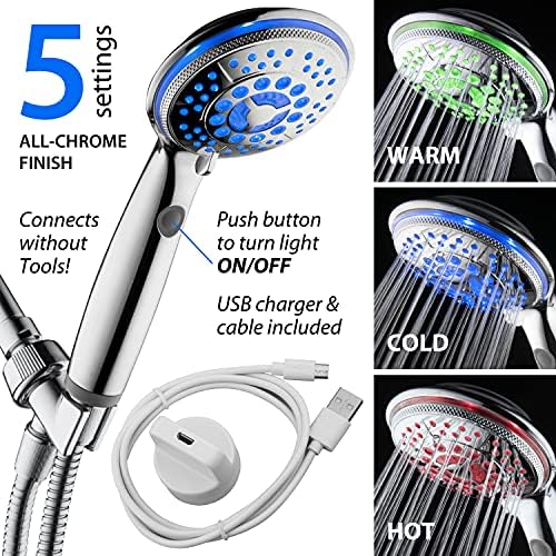 Hotel Spa 5-Mode Rechargeable LED Handheld Shower with Light Switch Chrome Finish