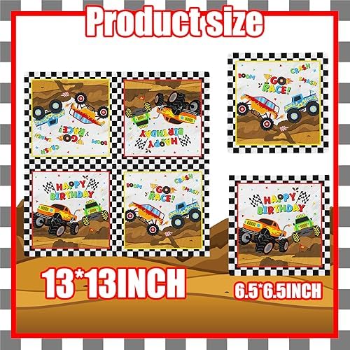 Monster Trucks 40pcs Napkins with Checkered Flag Design